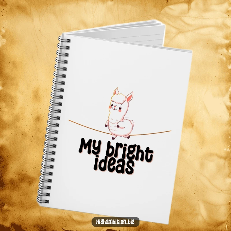 Funny notebook cover with a cheerful alpaca character confidently striding across a glowing light tightrope, for focused note-taking.