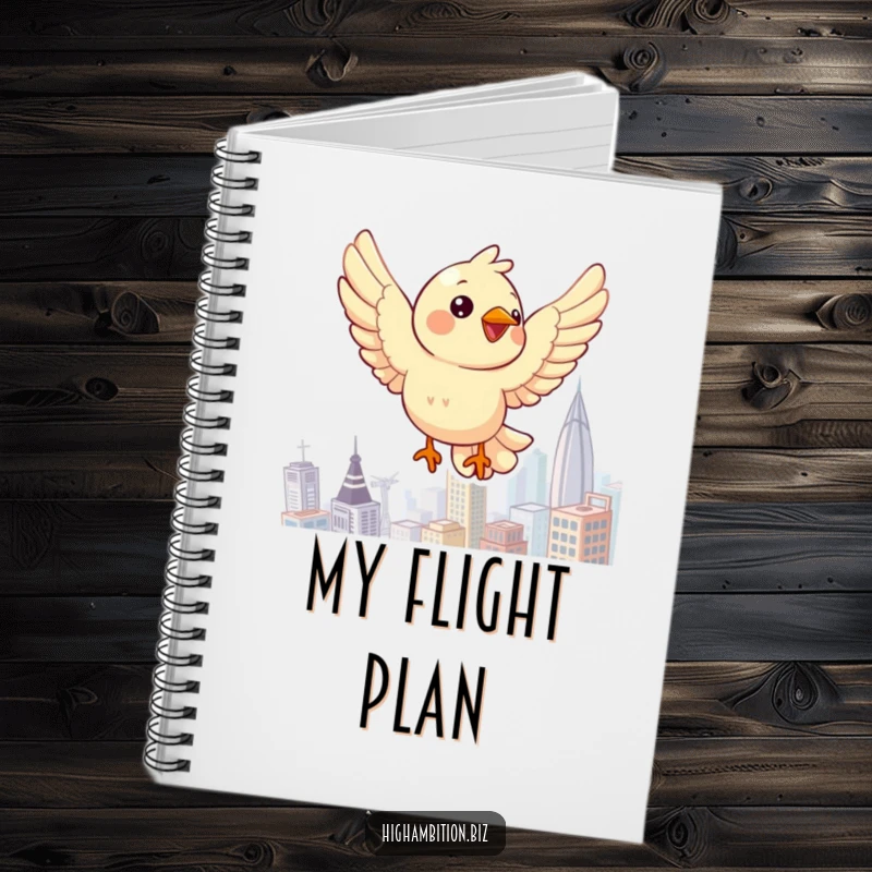 Funny bird notebook cover featuring a cheerful character flying above a cityscape, perfect for capturing inspired thoughts.