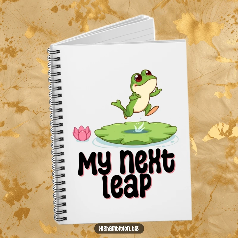 Funny frog notebook cover with a bouncing character leaping towards a large lily pad, perfect for capturing ambitious ideas.