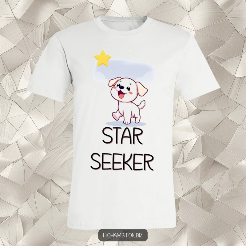 Funny puppy t-shirt depicting an energetic dog character leaping to catch a glowing star in the enchanting night sky.