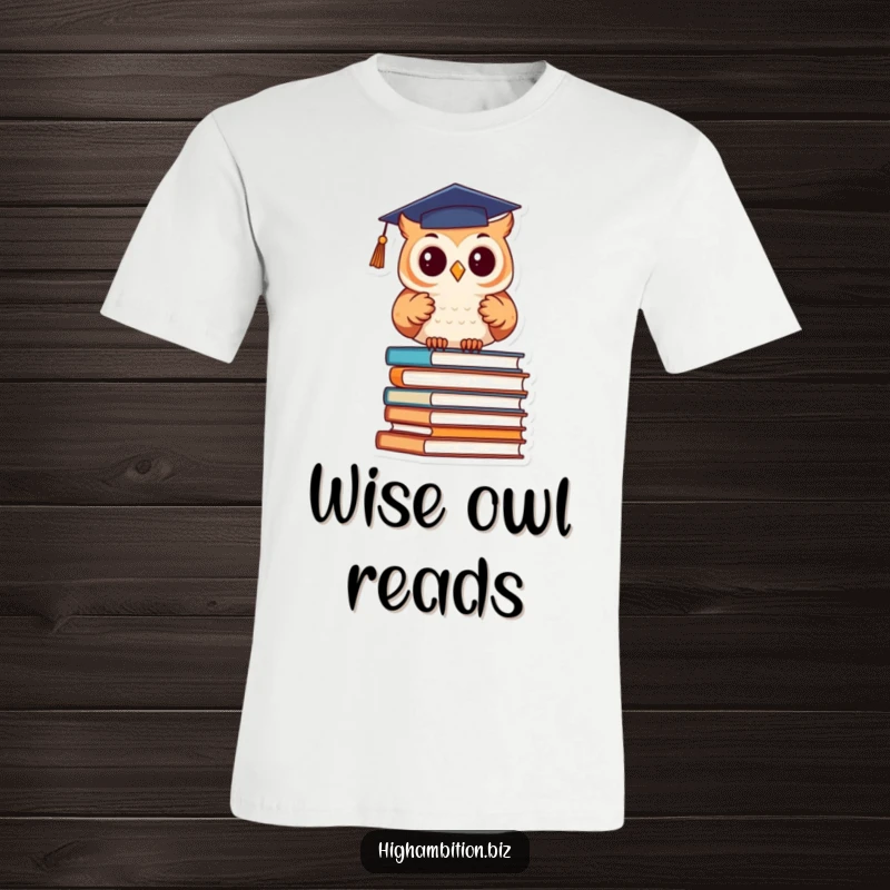 Funny T-Shirt: Cute owl wearing a graduation cap studies a towering stack of books, a humorous and intellectual design.