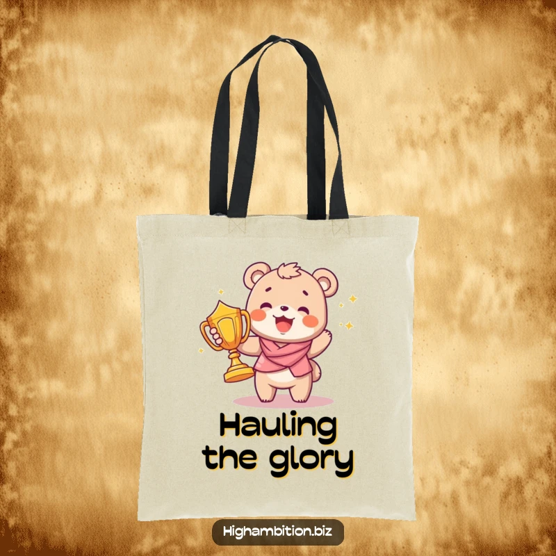 Funny tote bag with a joyful bear cub proudly carrying a large, gleaming trophy, designed for stylish and humorous everyday use.