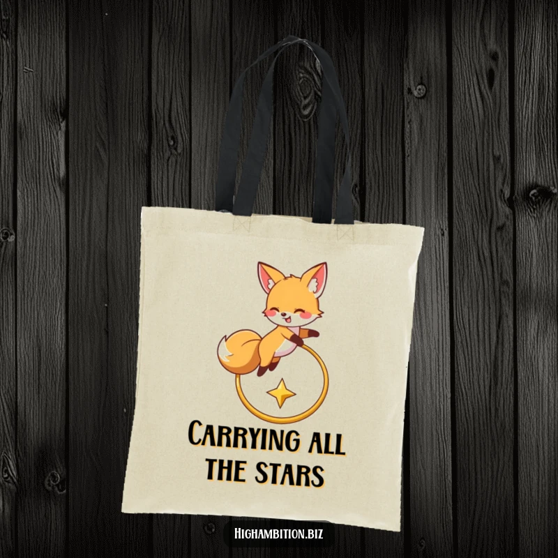 Funny tote bag with a vibrant illustration of a fox leaping over a hoop, pursuing a twinkling star, ideal for everyday use.