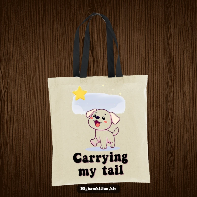 Funny puppy tote bag with a playful dog character reaching for a shimmering star in the night sky, perfect for dreamers.