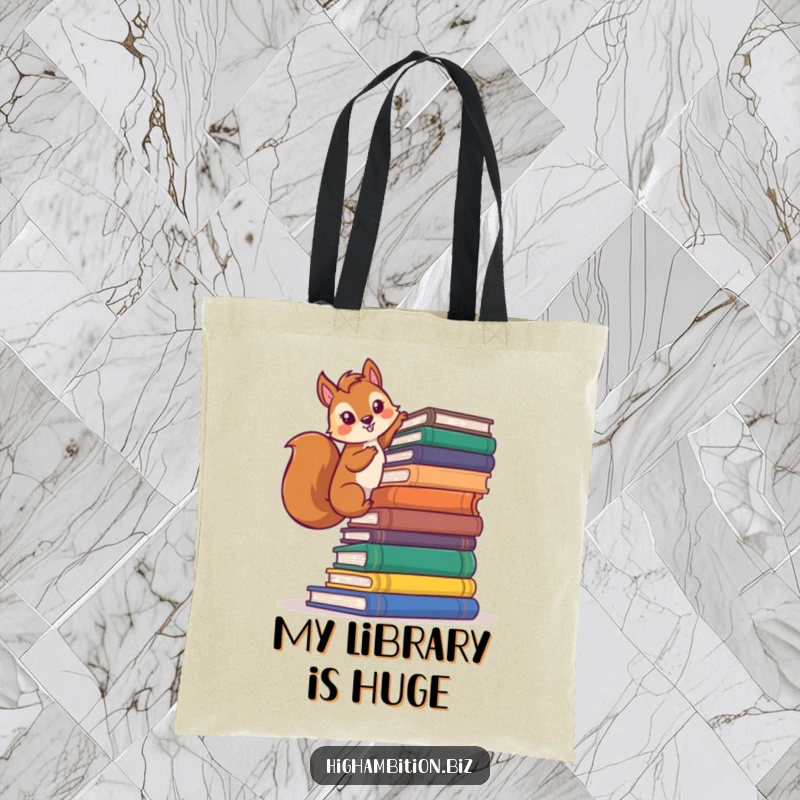 Funny squirrel tote bag illustrating a determined character climbing a massive stack of books, perfect for carrying literature.