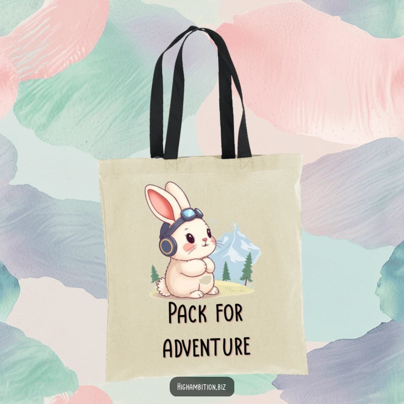 Funny rabbit tote bag with a fluffy rabbit in a tiny aviator hat, gazing at a distant mountain peak.